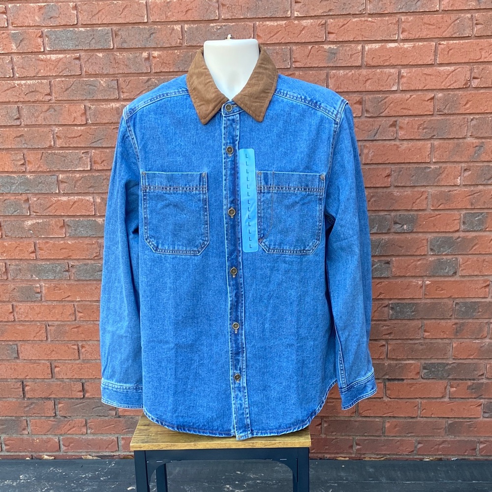 Frye Blue Denim Shirt Jacket with Brown Corduroy Collar